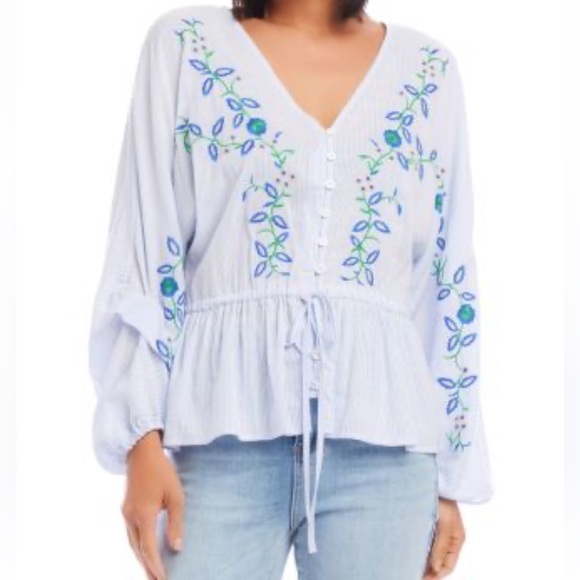 karen kane size XS Embroidered Blue stripesFloral Women's Top - Picture 2 of 8